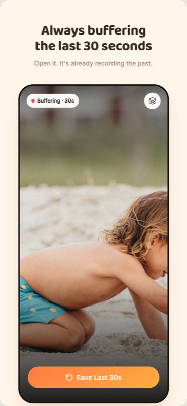 Candid baby camera app screen showing the always-ready capture state before a moment happens