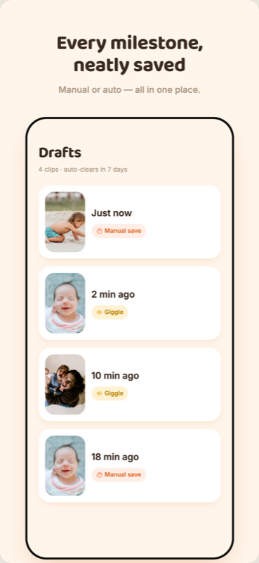 Candid app screen showing saved milestone clips organized as drafts