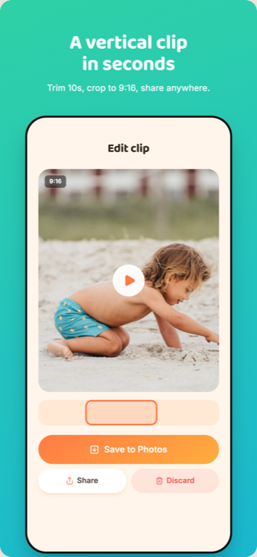Candid app editor screen for trimming and saving a rewind camera clip